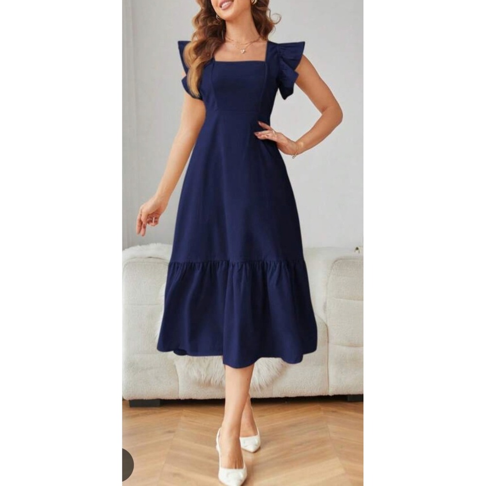 Aveloria Ruffle Sleeve Midi Dress Women Size L Navy Blue Peasant Cottagecore
